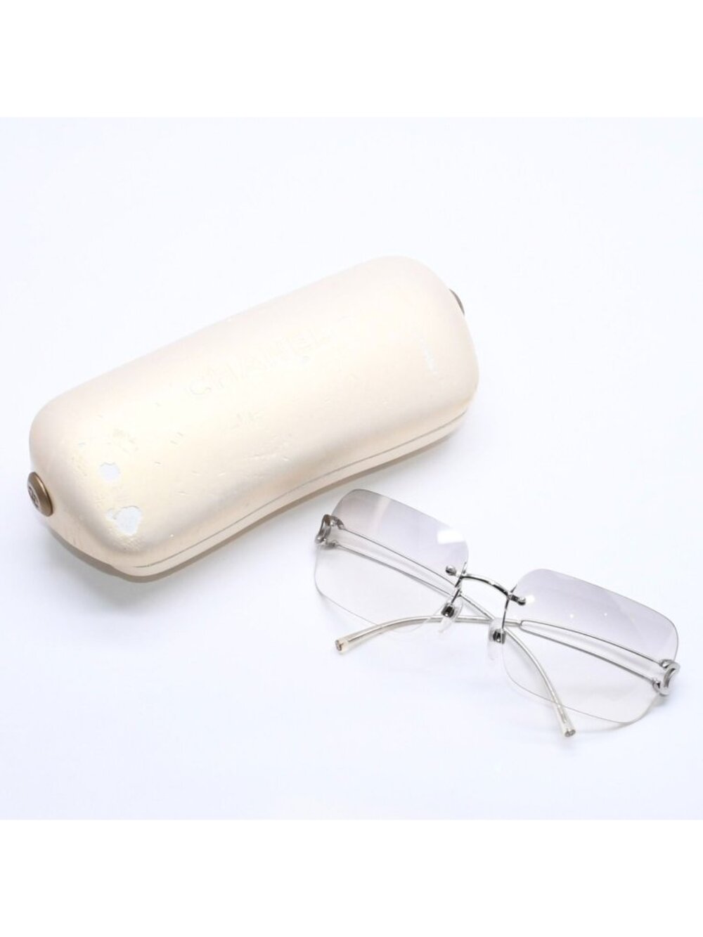 Chanel Rimless Sunglasses Side CC Logo Light Gray Gradient Silver Frame Eyewear